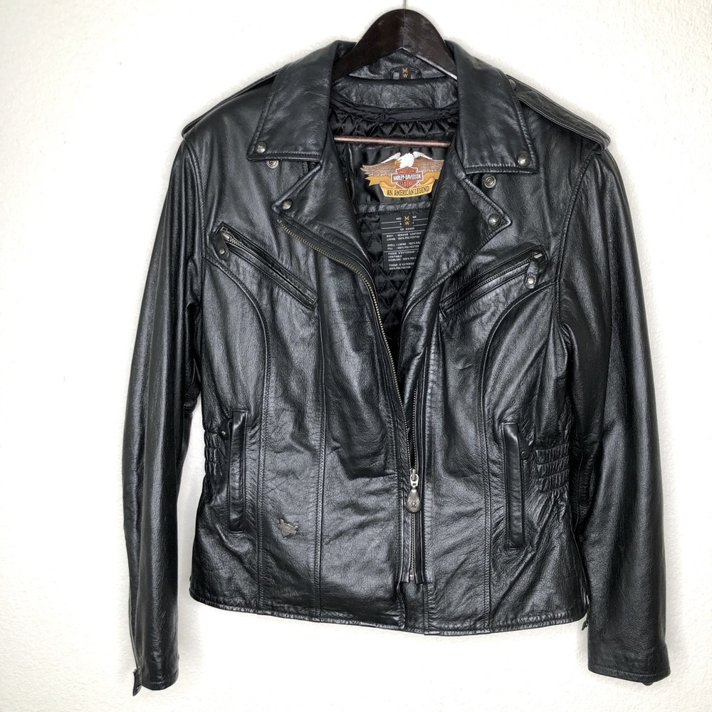 Harley Davidson Women’s Black Leather Riding Jacket with Quilted Vest Liner Sz M